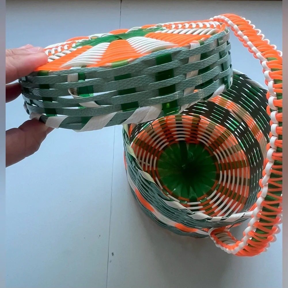 Handwoven Green, Orange & White Decorative Basket with Handle